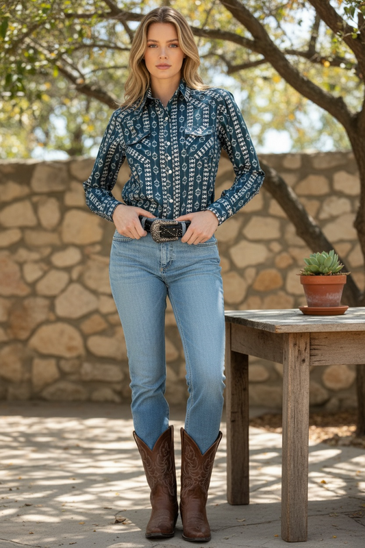 Dama Negro Manga Larga Vaquero Camisa 44202