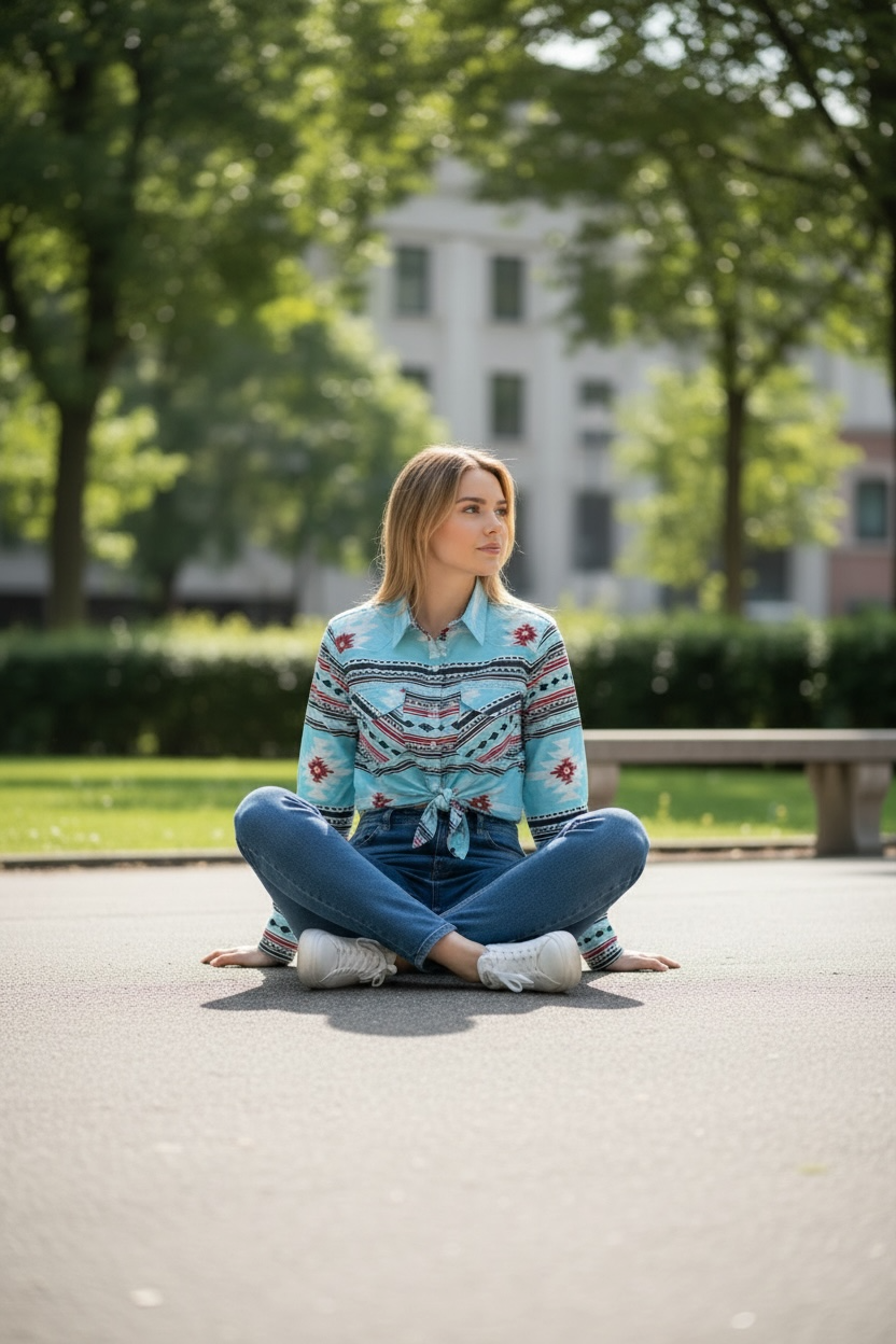 Dama Café Manga Larga Vaquero Camisa 44206