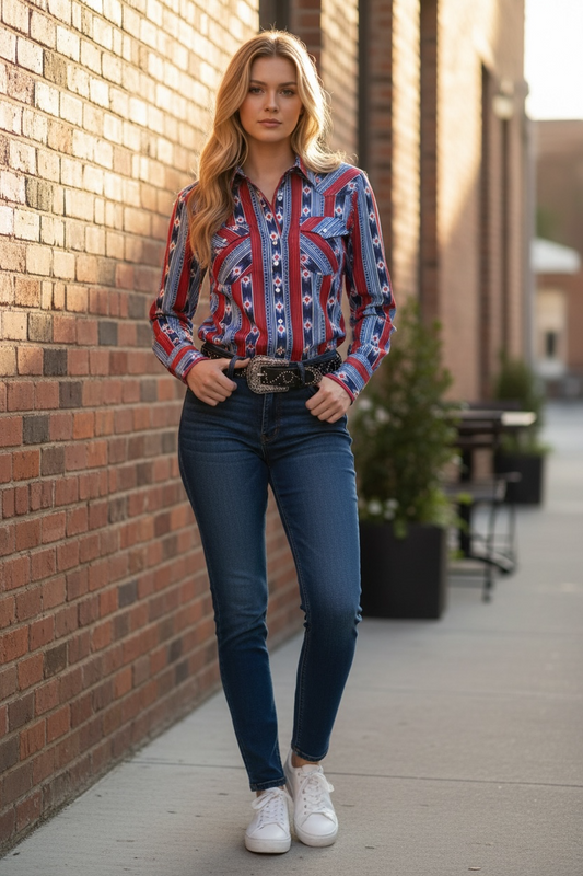 Dama Azul Manga Larga Vaquero Camisa 44213