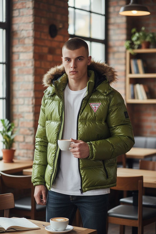 Chamarra Guess Acolchada Verde Olivo con Capucha | Hombre Talla M